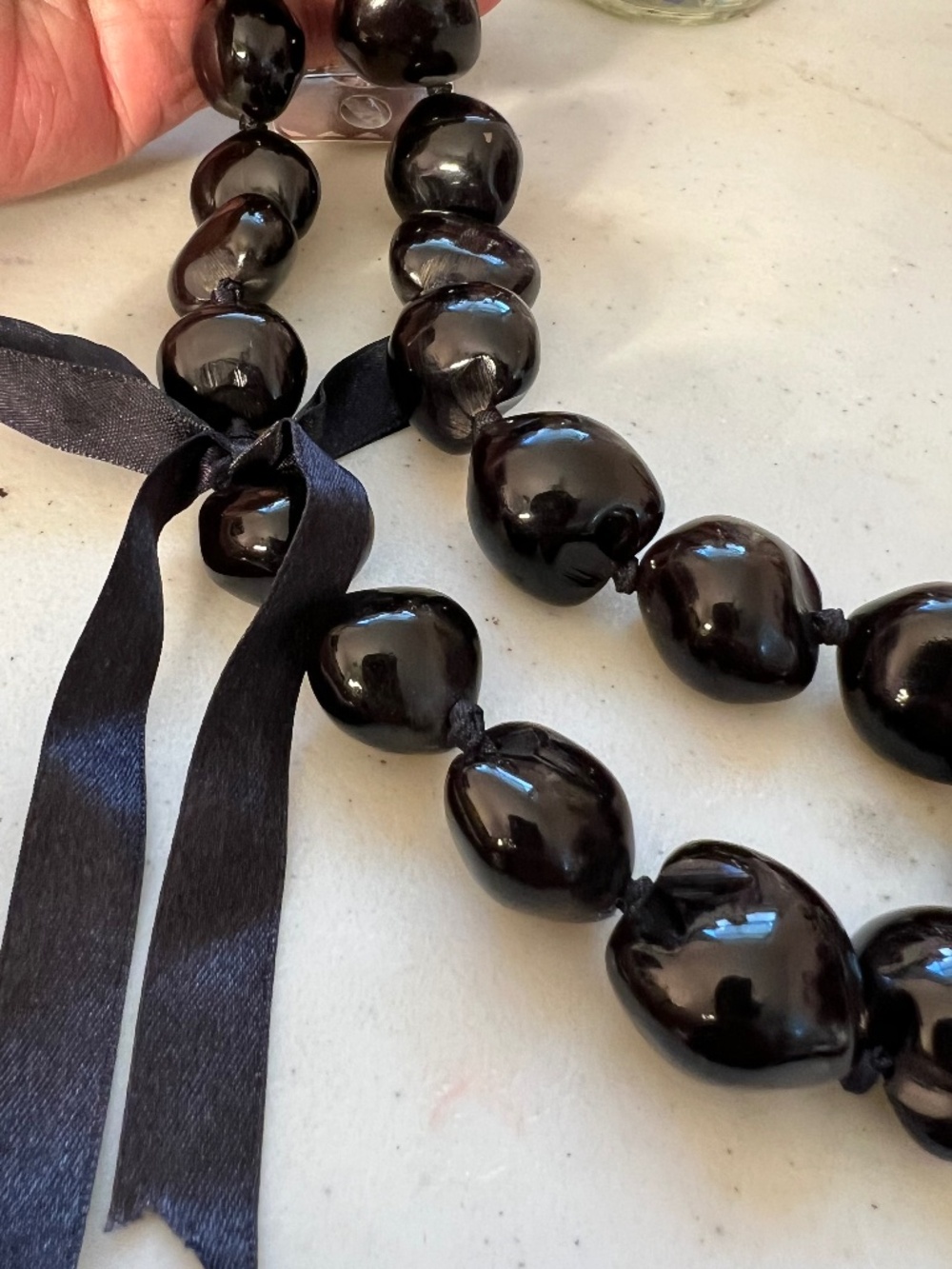Hawaiian Treasures Black Kukui Nut Lei Necklace Ribbon Hawaii